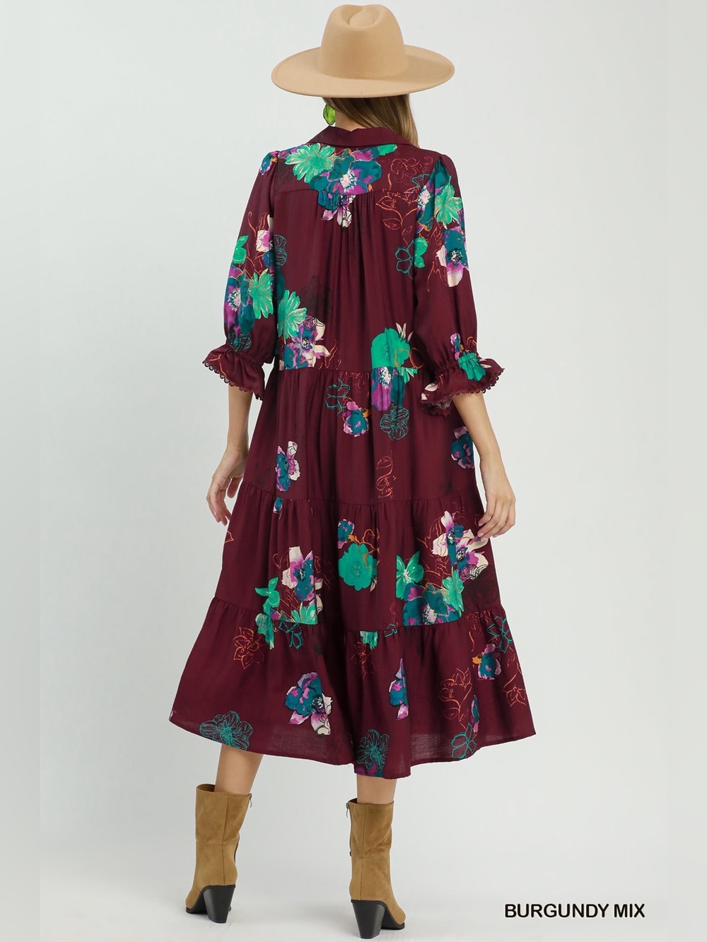 Umgee Floral Print Tiered Midi Dress with Puff Sleeves - Picture 3 of 6